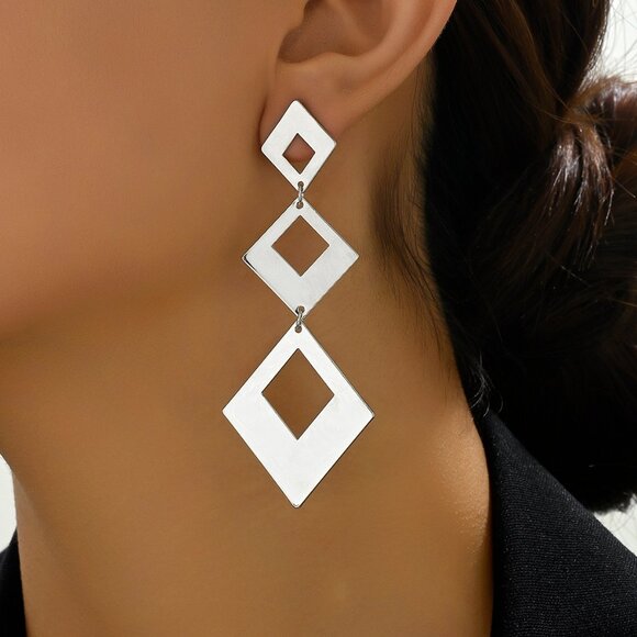 3/$35 Geometric Silver Rhombus Long Drop Dangle Fashion Earrings Jewelry - Picture 6 of 7